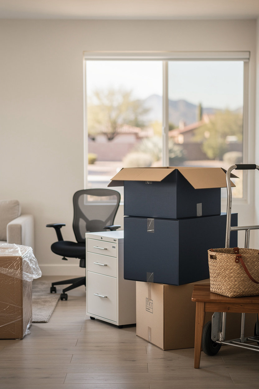 Tru Nationwide LLC moving boxes and furniture staged in a Phoenix, AZ home ready for a residential move