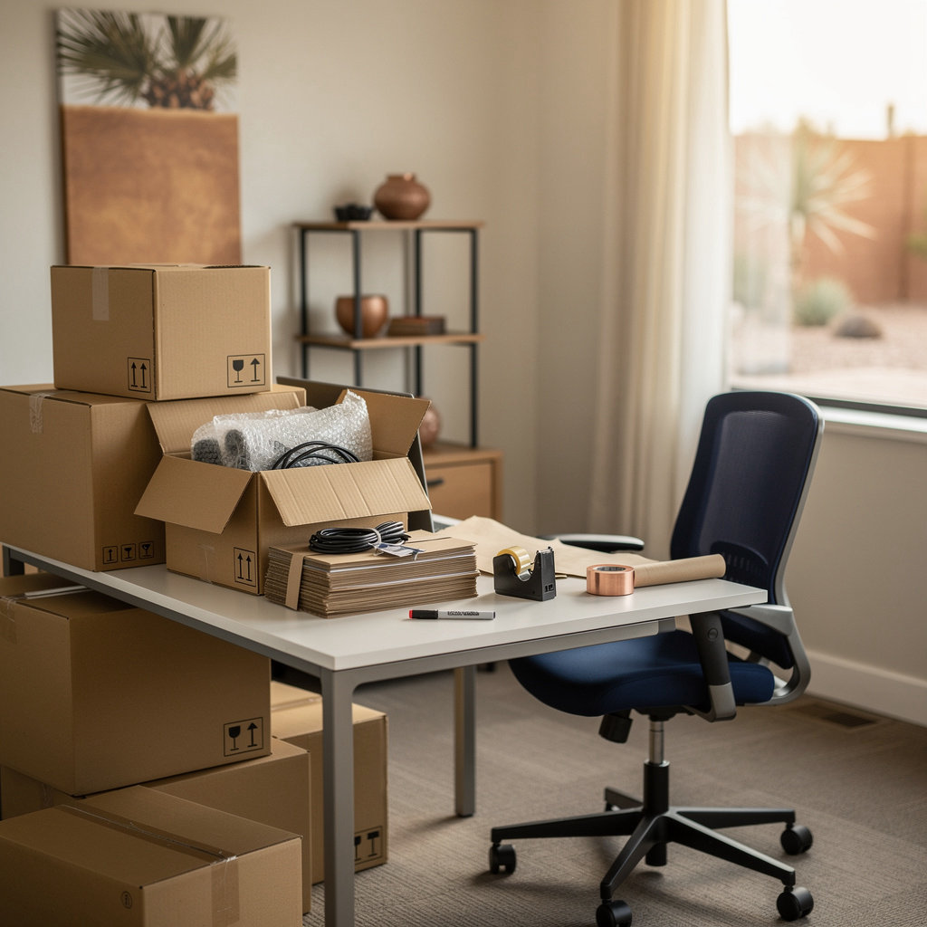 Office desks and equipment boxed up for a commercial move in Phoenix, AZ, planned by Tru Nationwide LLC for office managers and small businesses